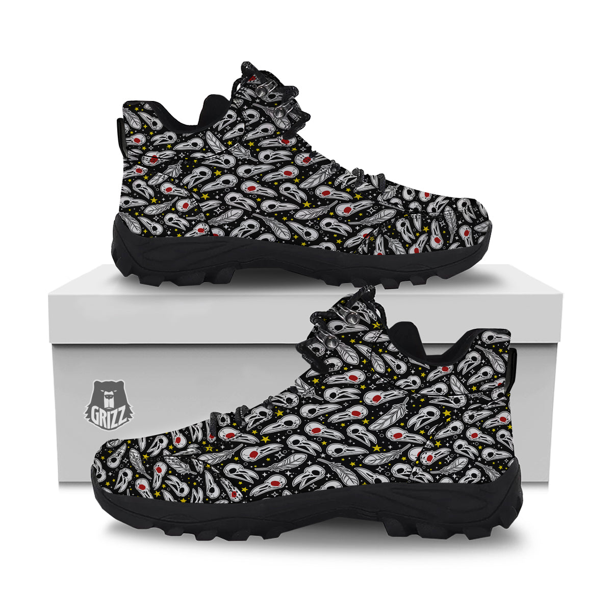 Crow Skull And Feathers Print Pattern Hiking Shoes-grizzshop