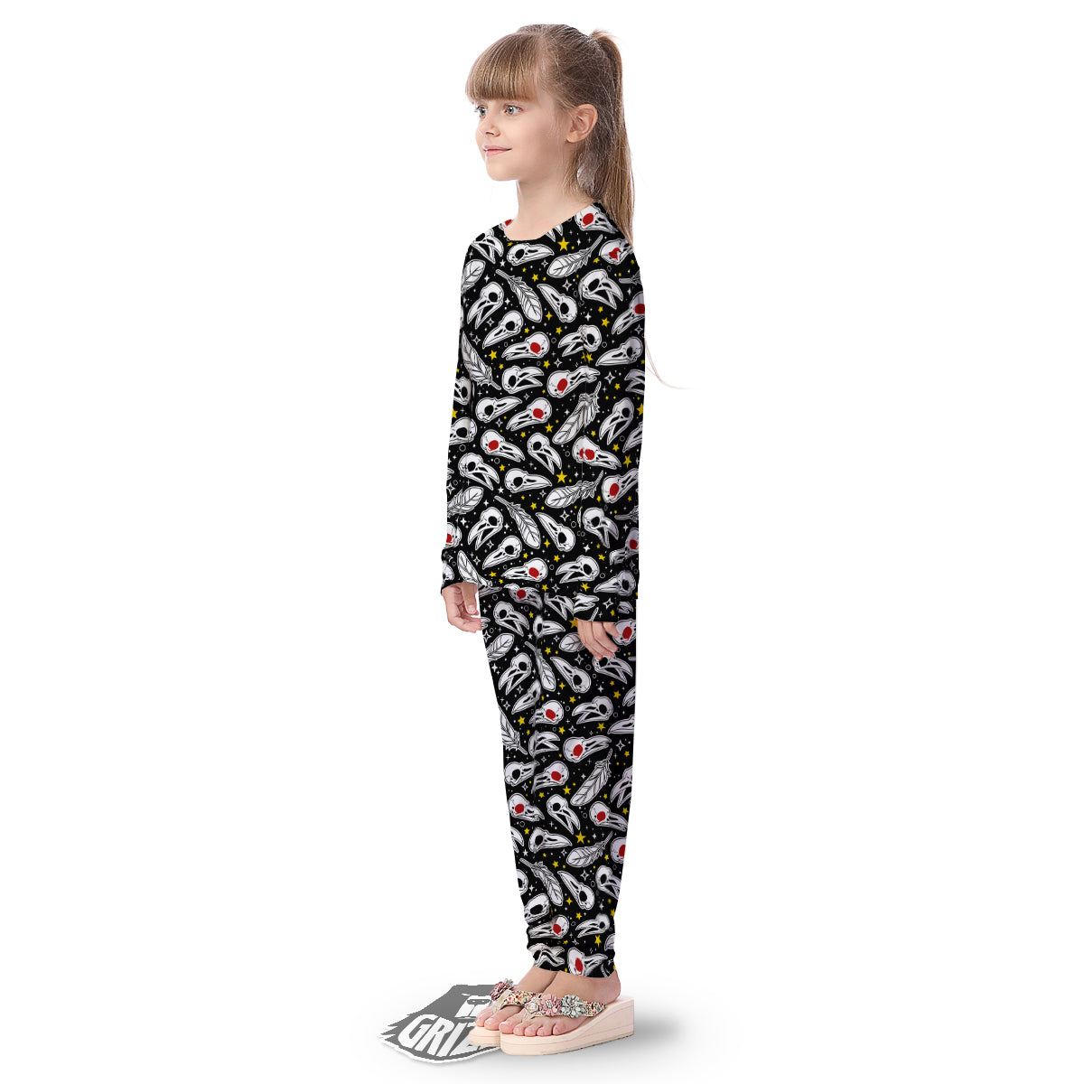 Crow Skull And Feathers Print Pattern Kid's Pajamas-grizzshop