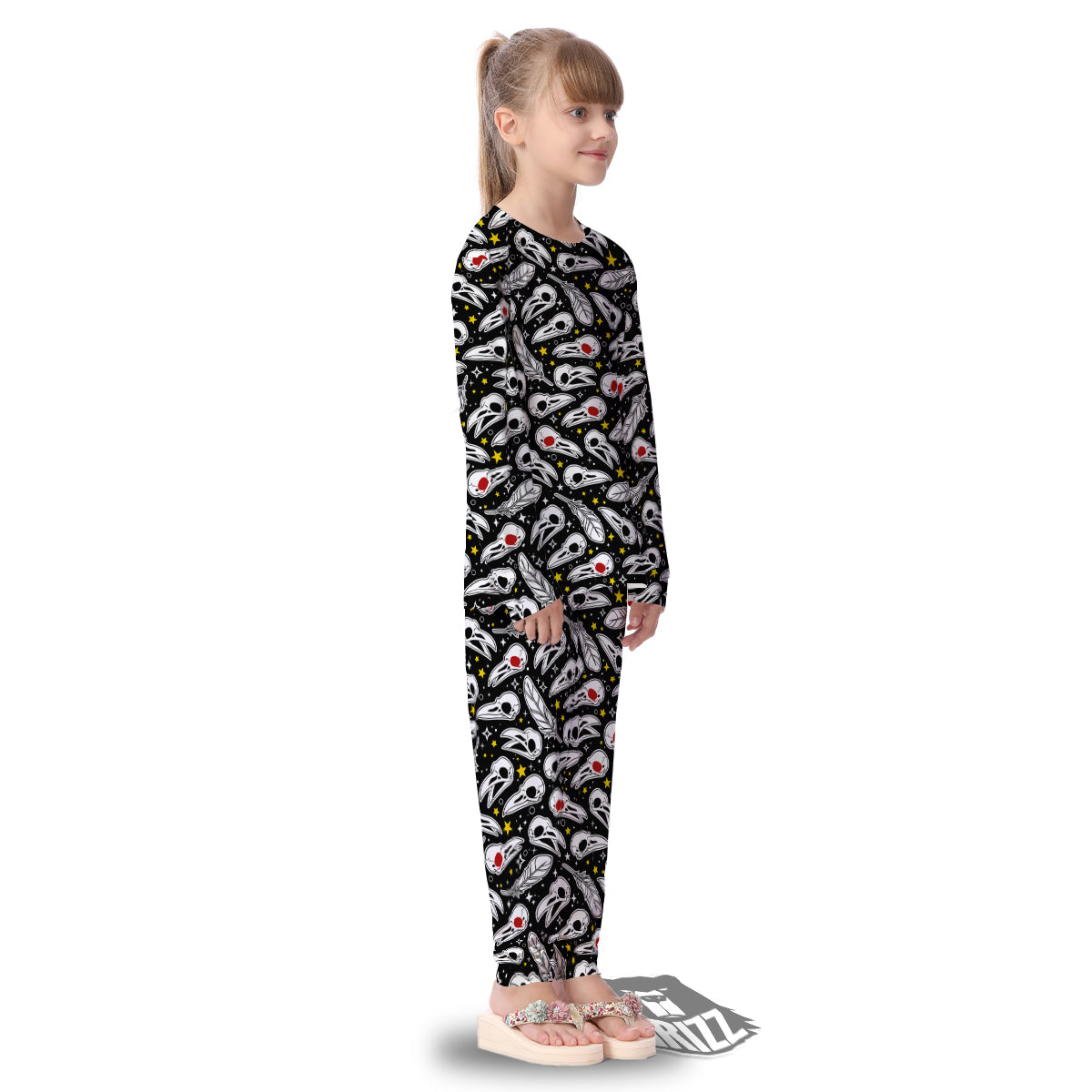 Crow Skull And Feathers Print Pattern Kid's Pajamas-grizzshop