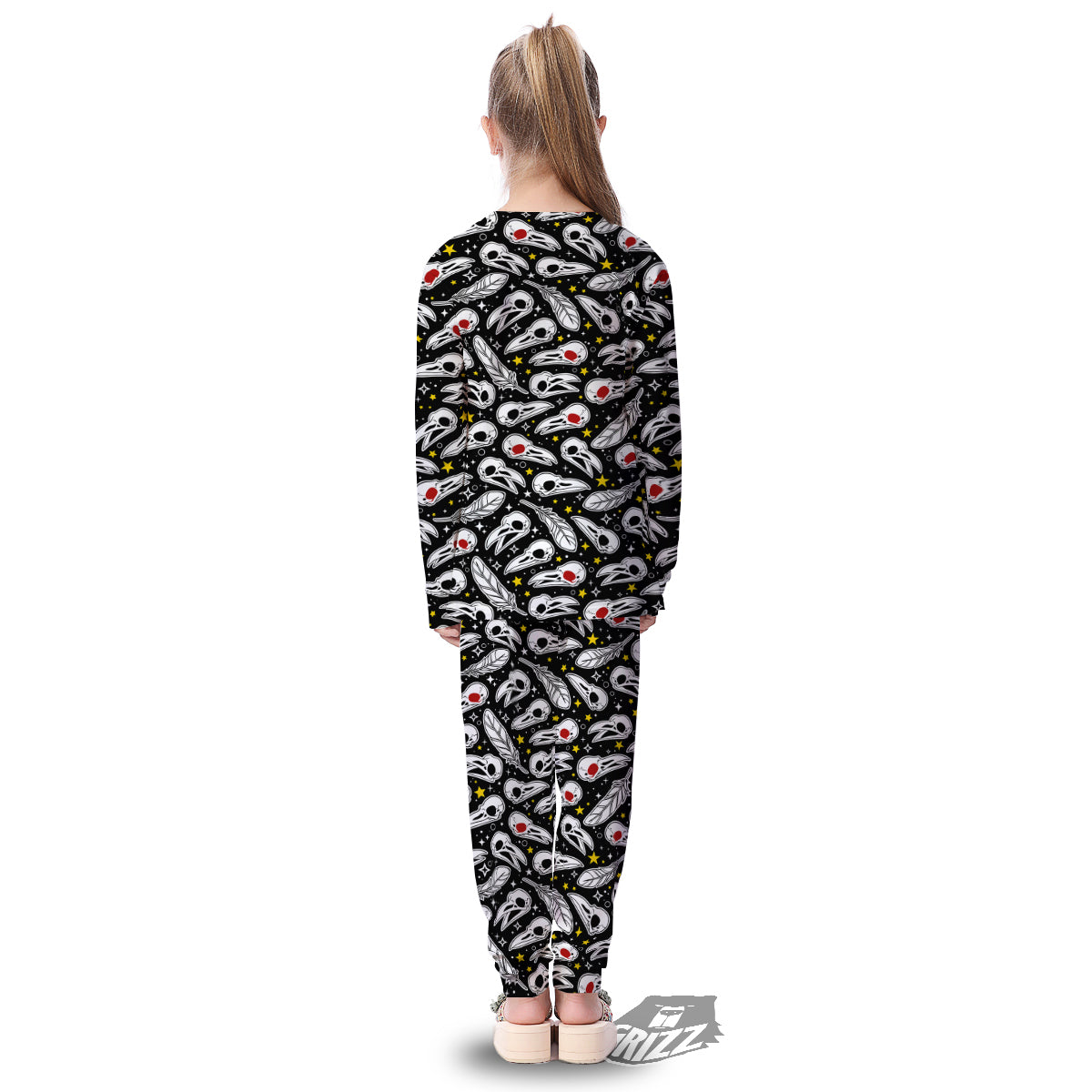 Crow Skull And Feathers Print Pattern Kid's Pajamas-grizzshop