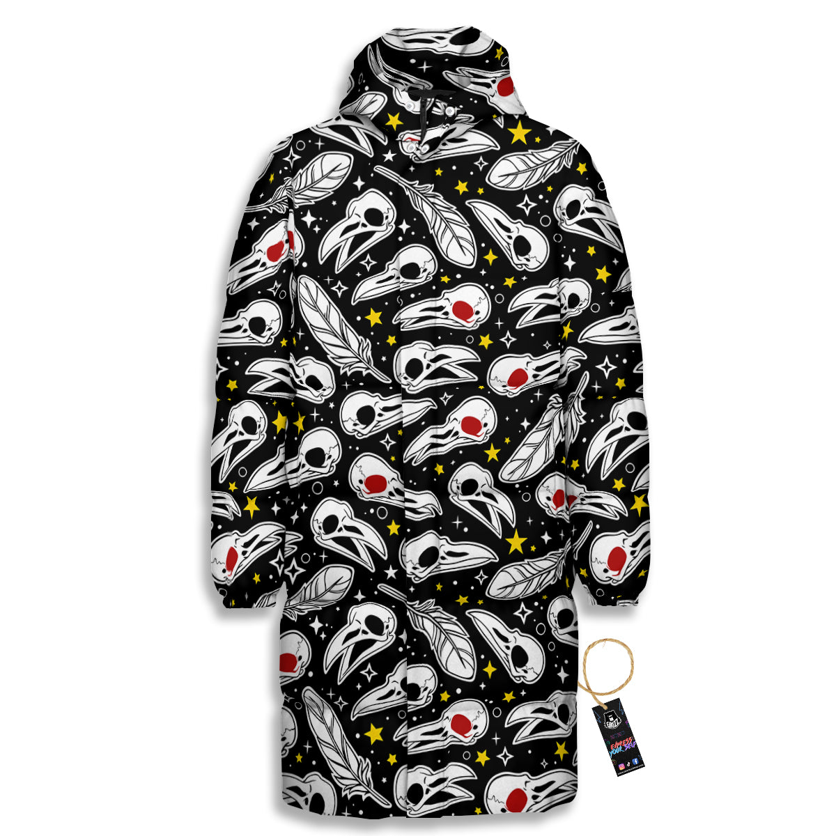 Crow Skull And Feathers Print Pattern Long Down Jacket-grizzshop