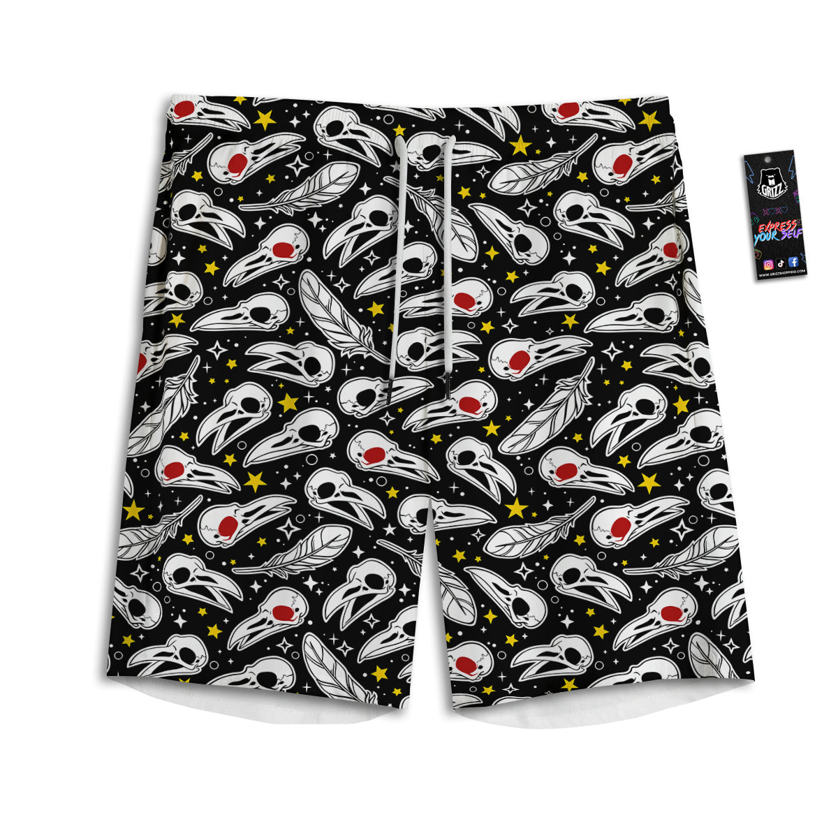 Crow Skull And Feathers Print Pattern Men's Athletic Shorts