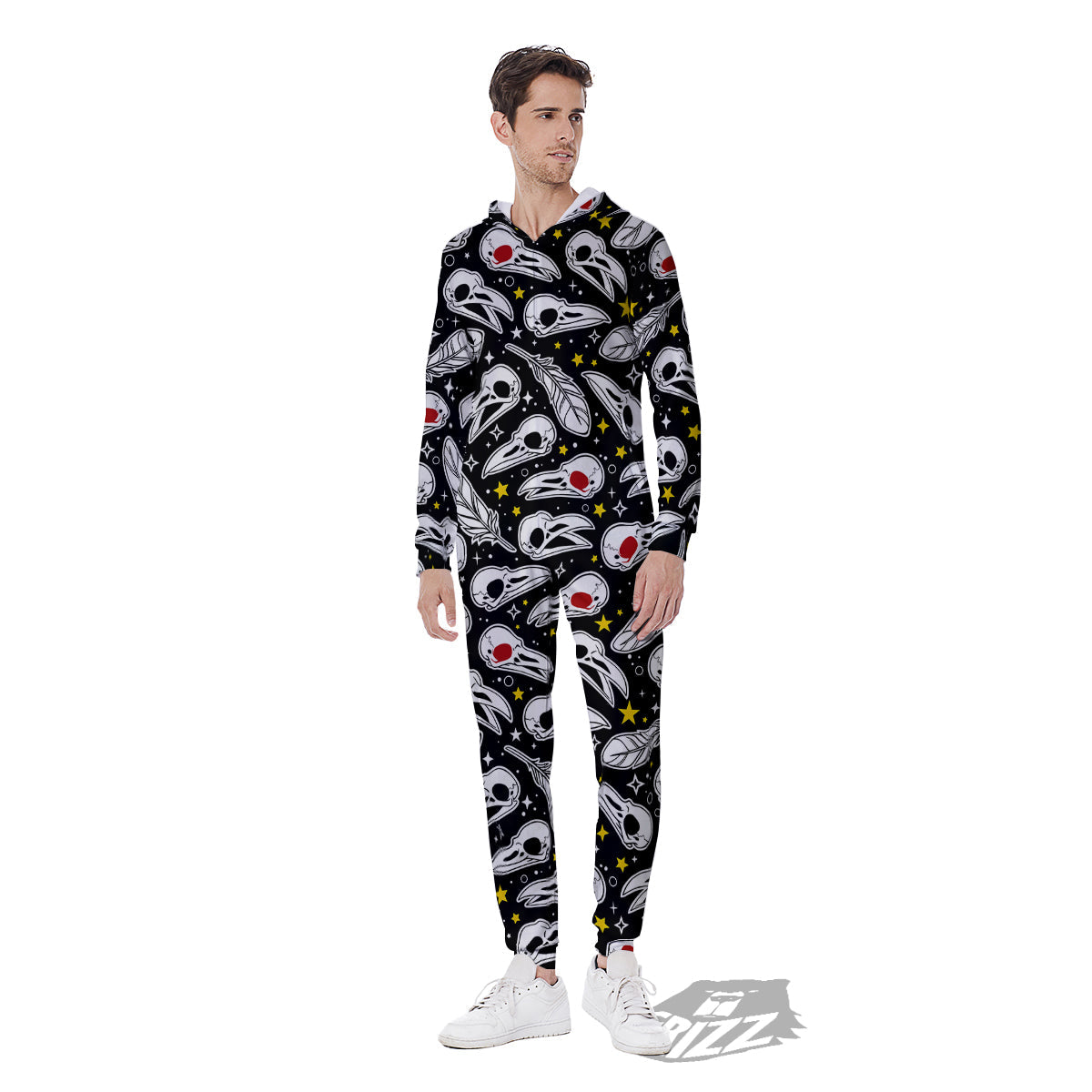 Crow Skull And Feathers Print Pattern Men's Jumpsuit-grizzshop