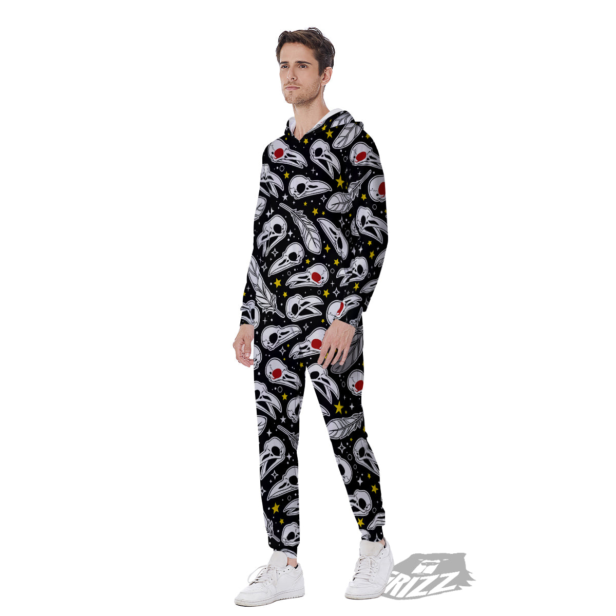 Crow Skull And Feathers Print Pattern Men's Jumpsuit-grizzshop