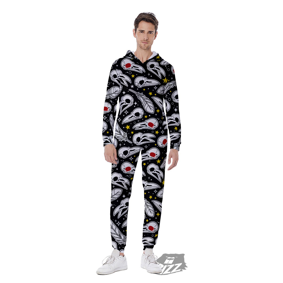 Crow Skull And Feathers Print Pattern Men's Jumpsuit-grizzshop