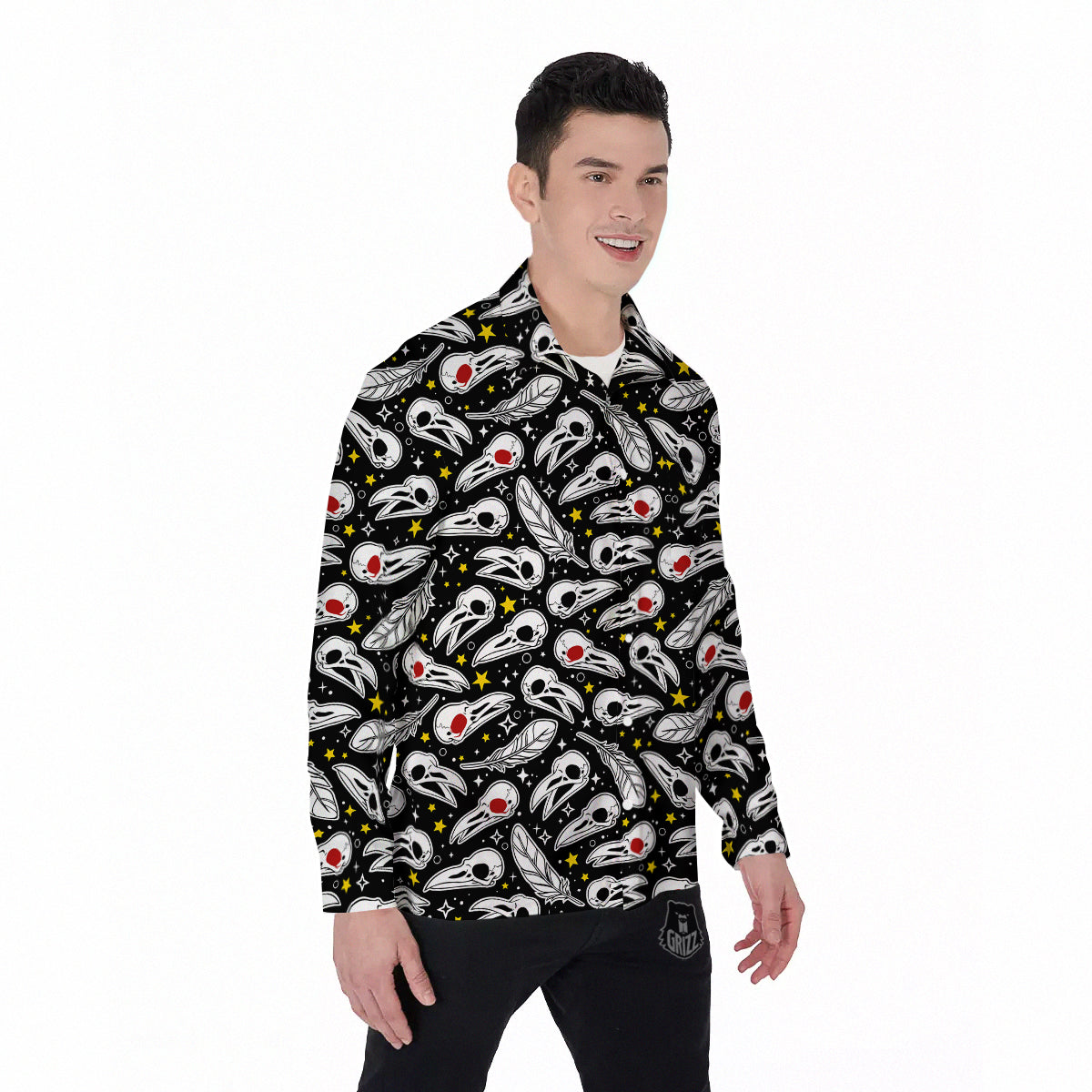Crow Skull And Feathers Print Pattern Men's Long Sleeve Shirts-grizzshop