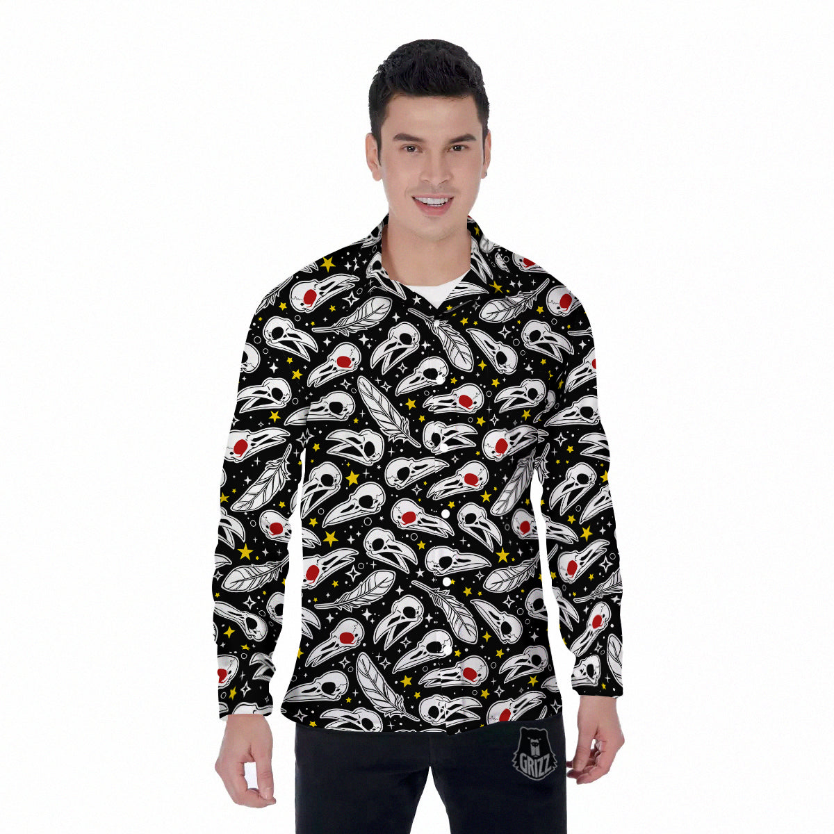 Crow Skull And Feathers Print Pattern Men's Long Sleeve Shirts-grizzshop