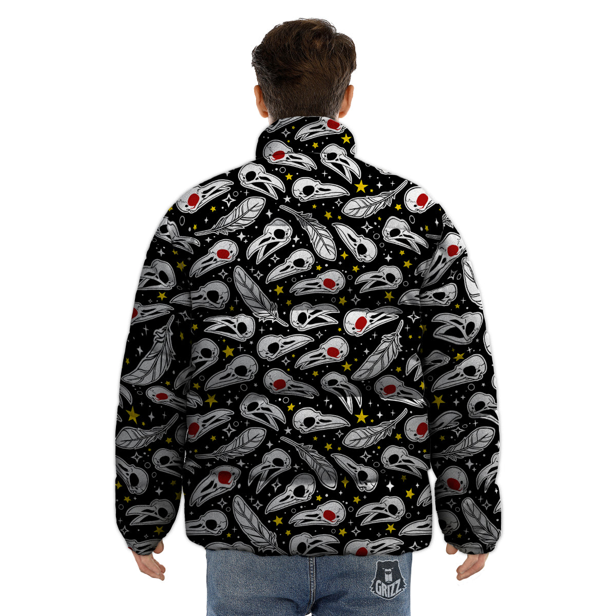 Crow Skull And Feathers Print Pattern Puffer Jacket-grizzshop