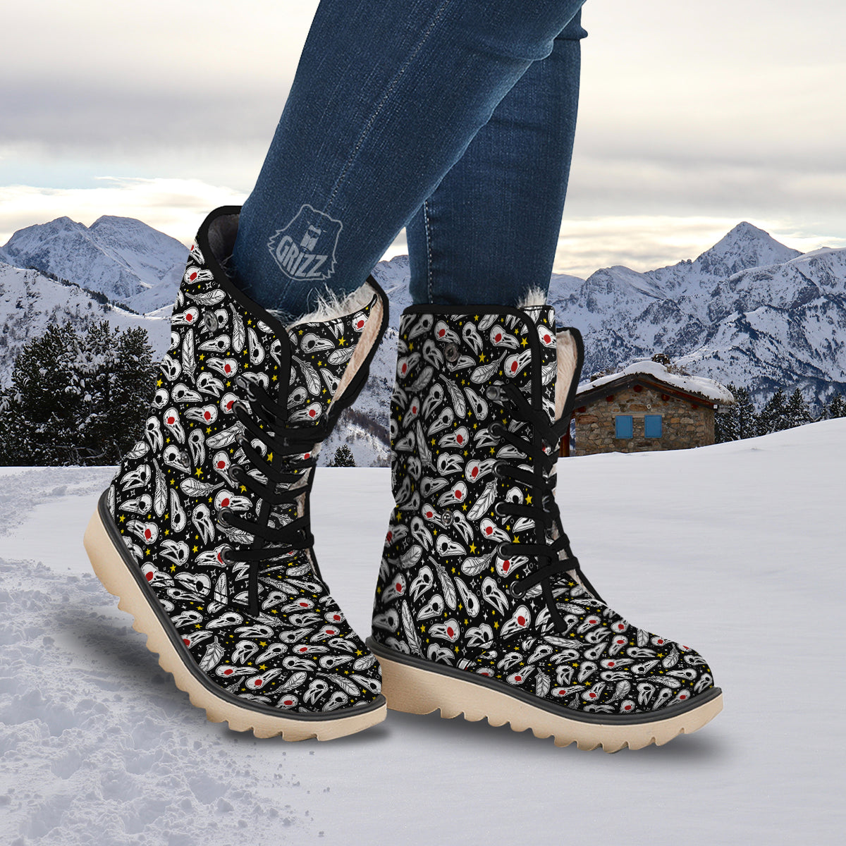 Crow Skull And Feathers Print Pattern Snow Boots-grizzshop