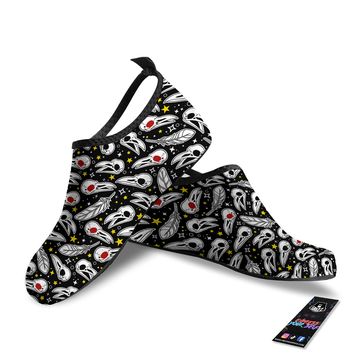 Crow Skull And Feathers Print Pattern Water Shoes-grizzshop