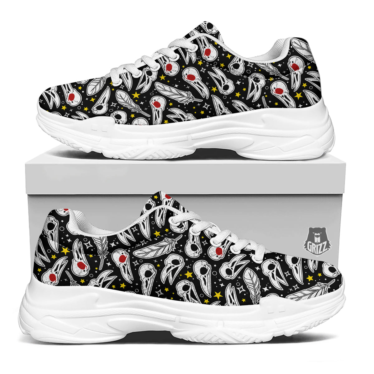 Crow Skull And Feathers Print Pattern White Chunky Shoes-grizzshop