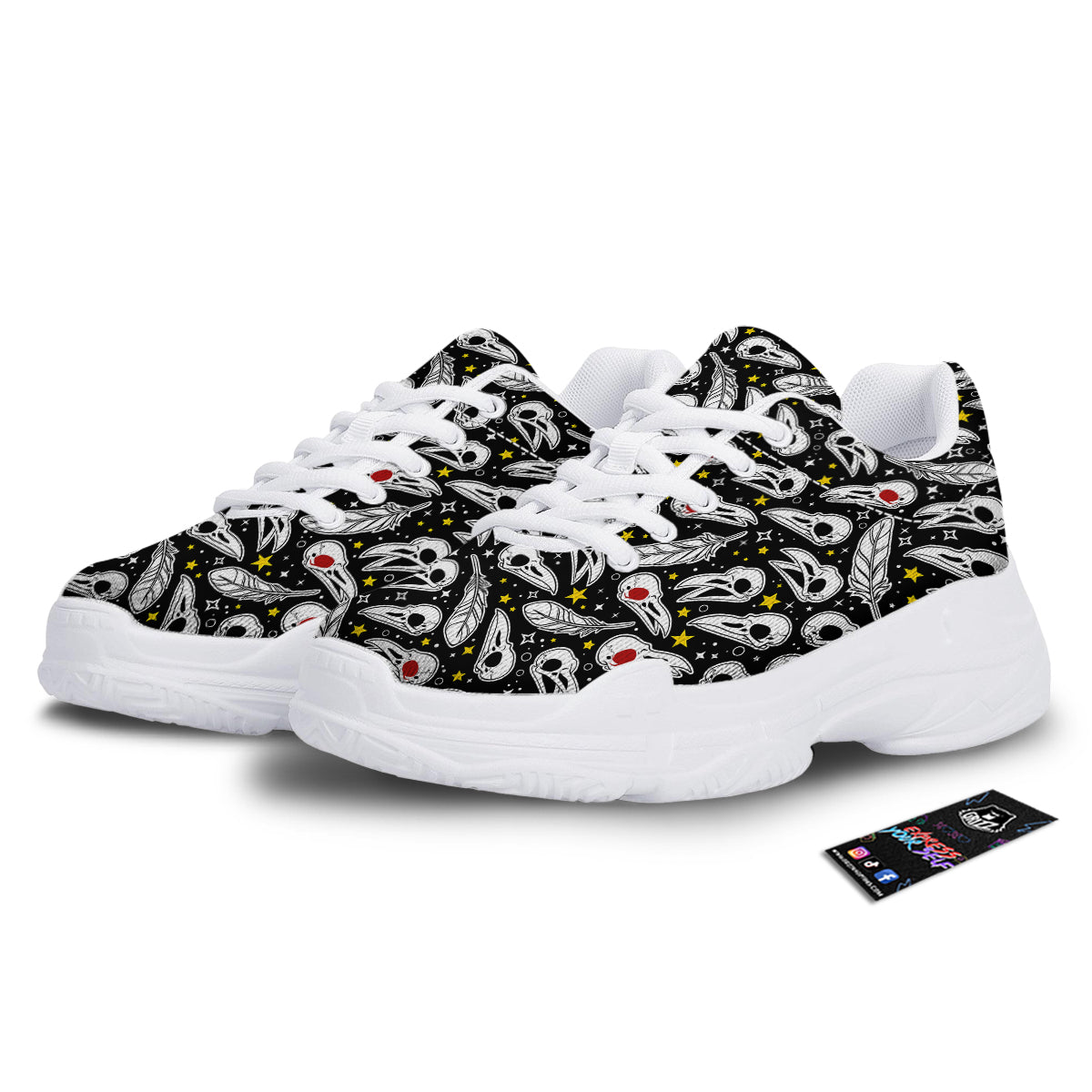Crow Skull And Feathers Print Pattern White Chunky Shoes-grizzshop