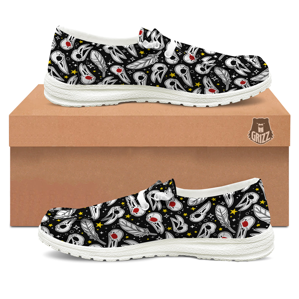 Crow Skull And Feathers Print Pattern White Loafers-grizzshop