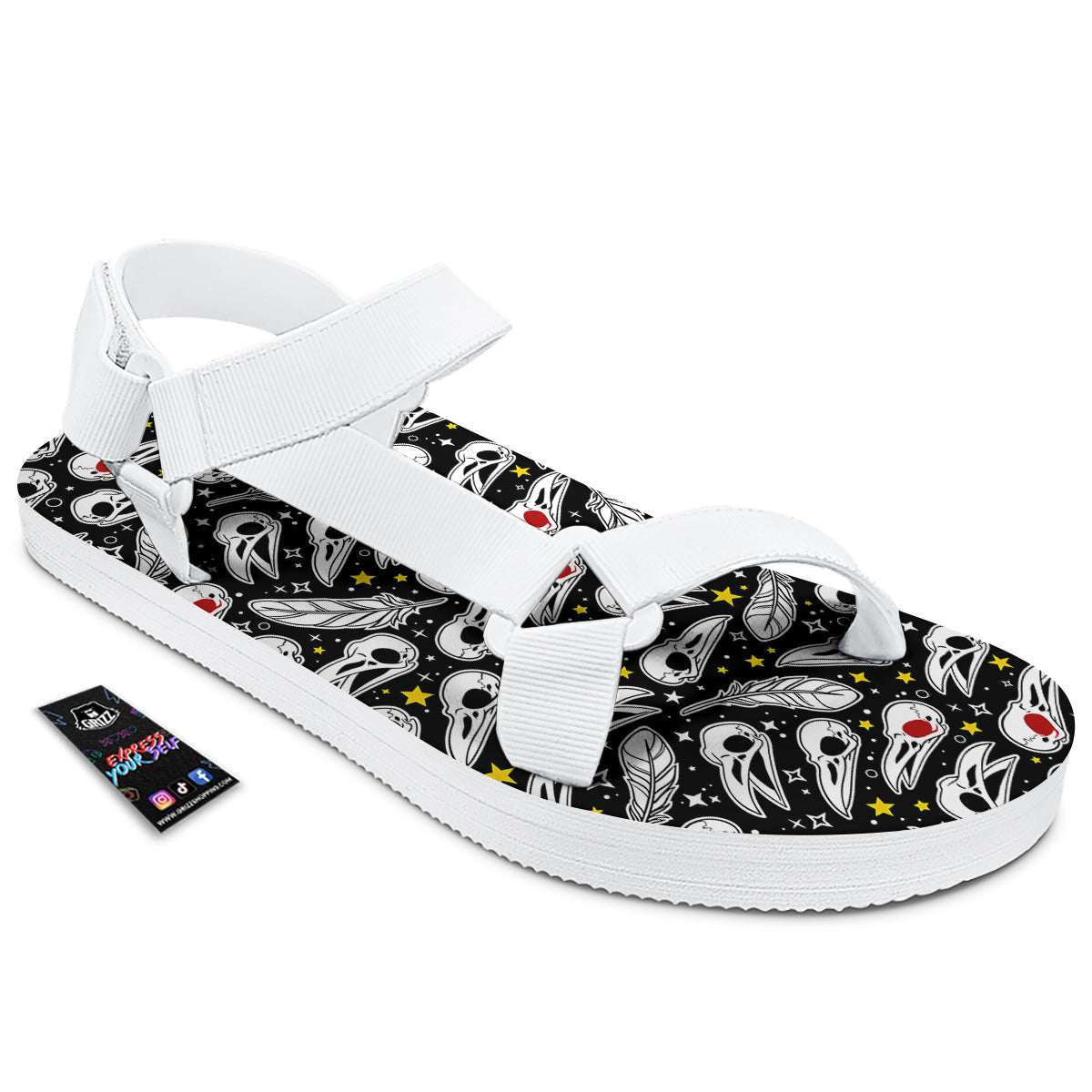 Crow Skull And Feathers Print Pattern White Open Toe Sandals-grizzshop