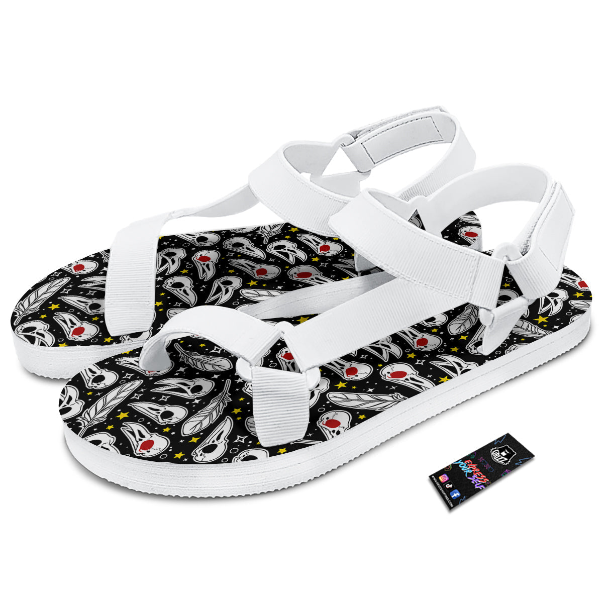 Crow Skull And Feathers Print Pattern White Open Toe Sandals-grizzshop