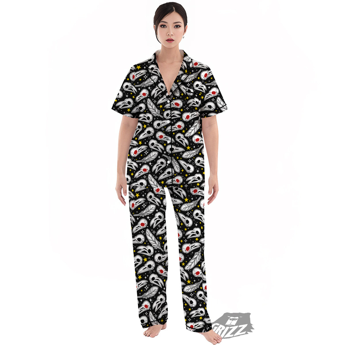 Crow Skull And Feathers Print Pattern Women's Pajamas Set-grizzshop