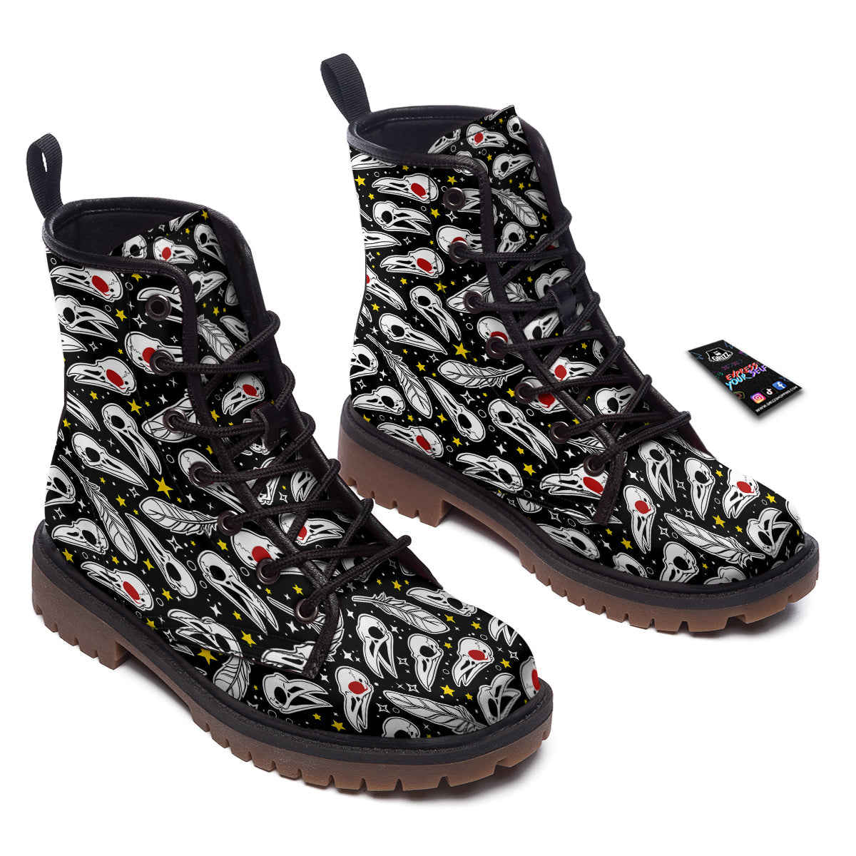 Crow Skull And Feathers Print Pattern Work Boots-grizzshop