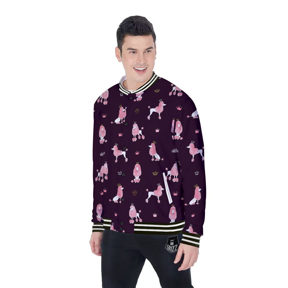 Crown And Poodle Print Pattern Baseball Jacket-grizzshop