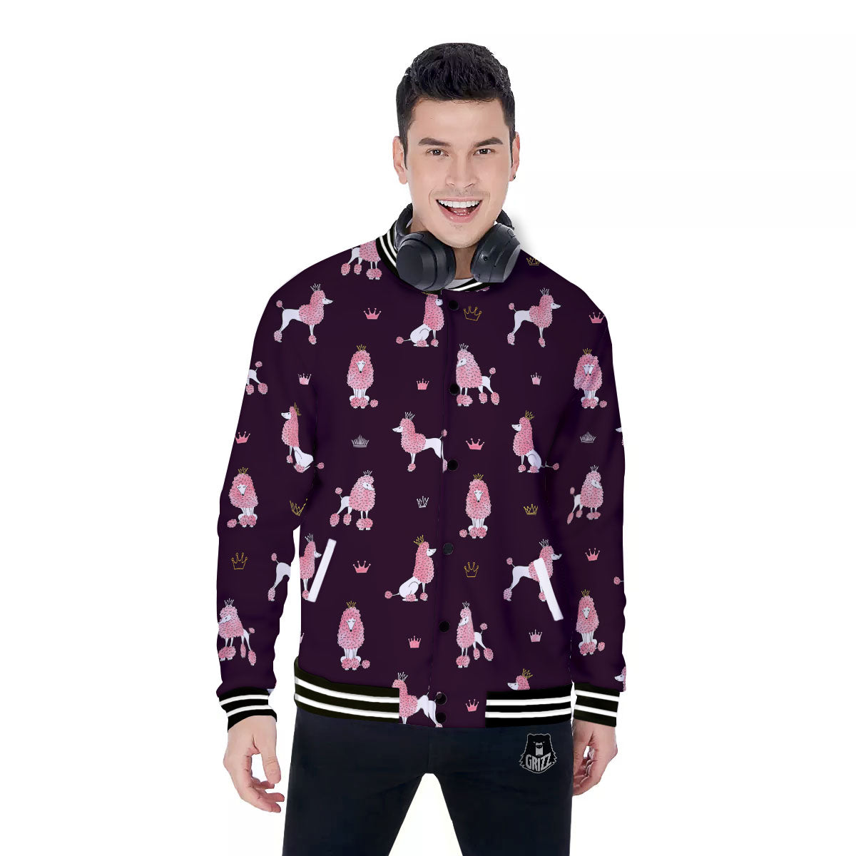 Crown And Poodle Print Pattern Baseball Jacket-grizzshop