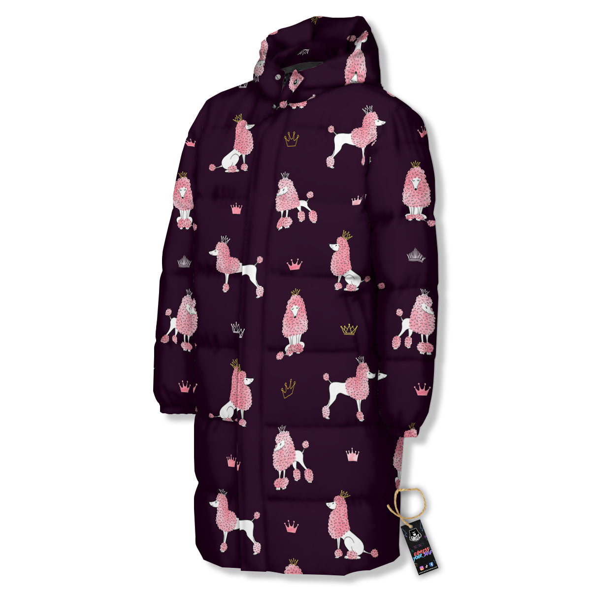 Crown And Poodle Print Pattern Long Down Jacket-grizzshop