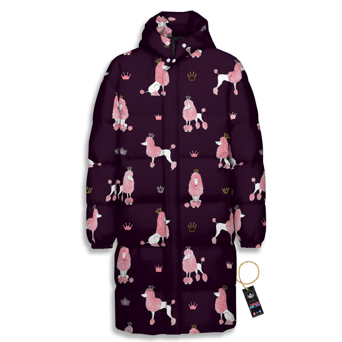 Crown And Poodle Print Pattern Long Down Jacket-grizzshop