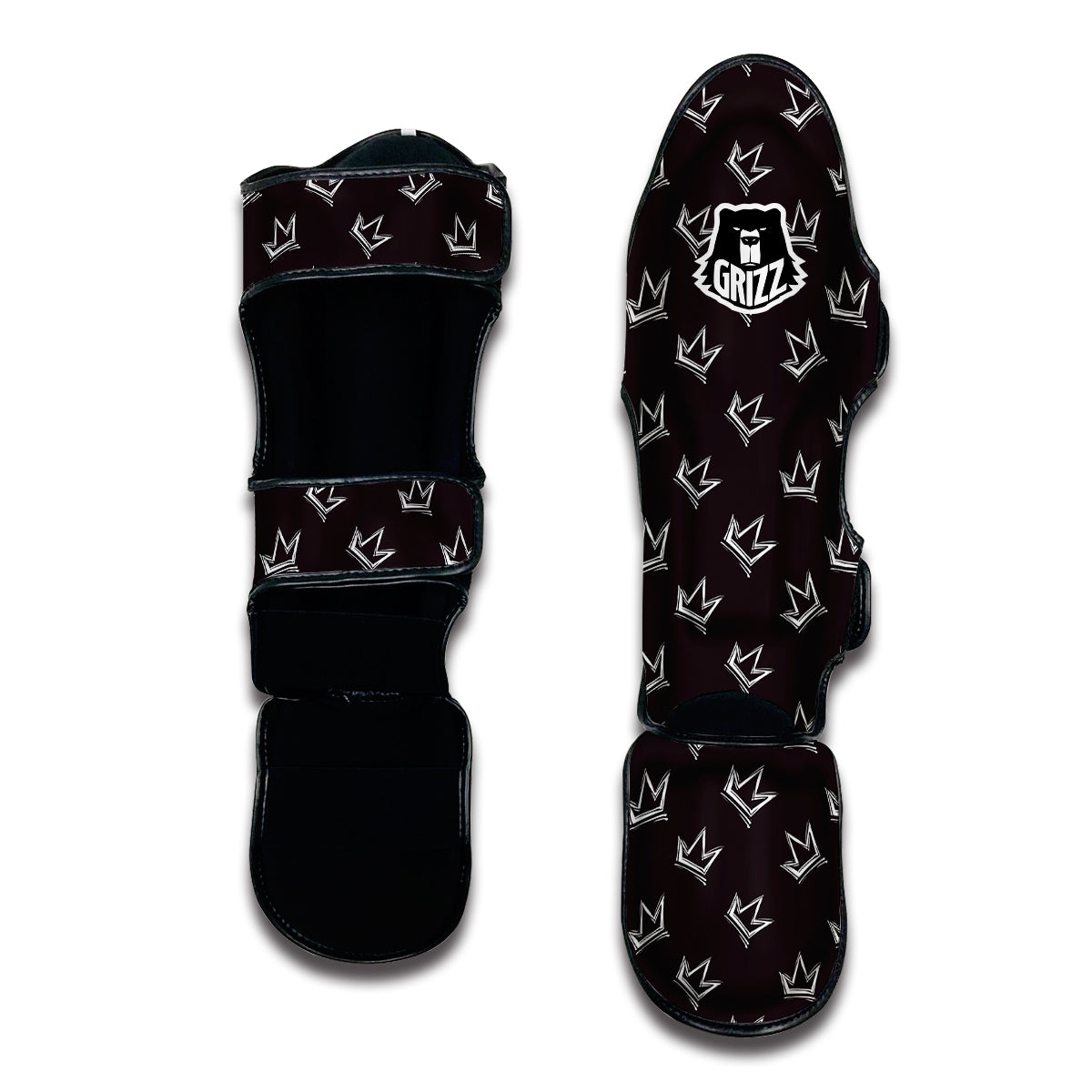 Crown Doodle Black Print Pattern Muay Thai Shin Guards-grizzshop