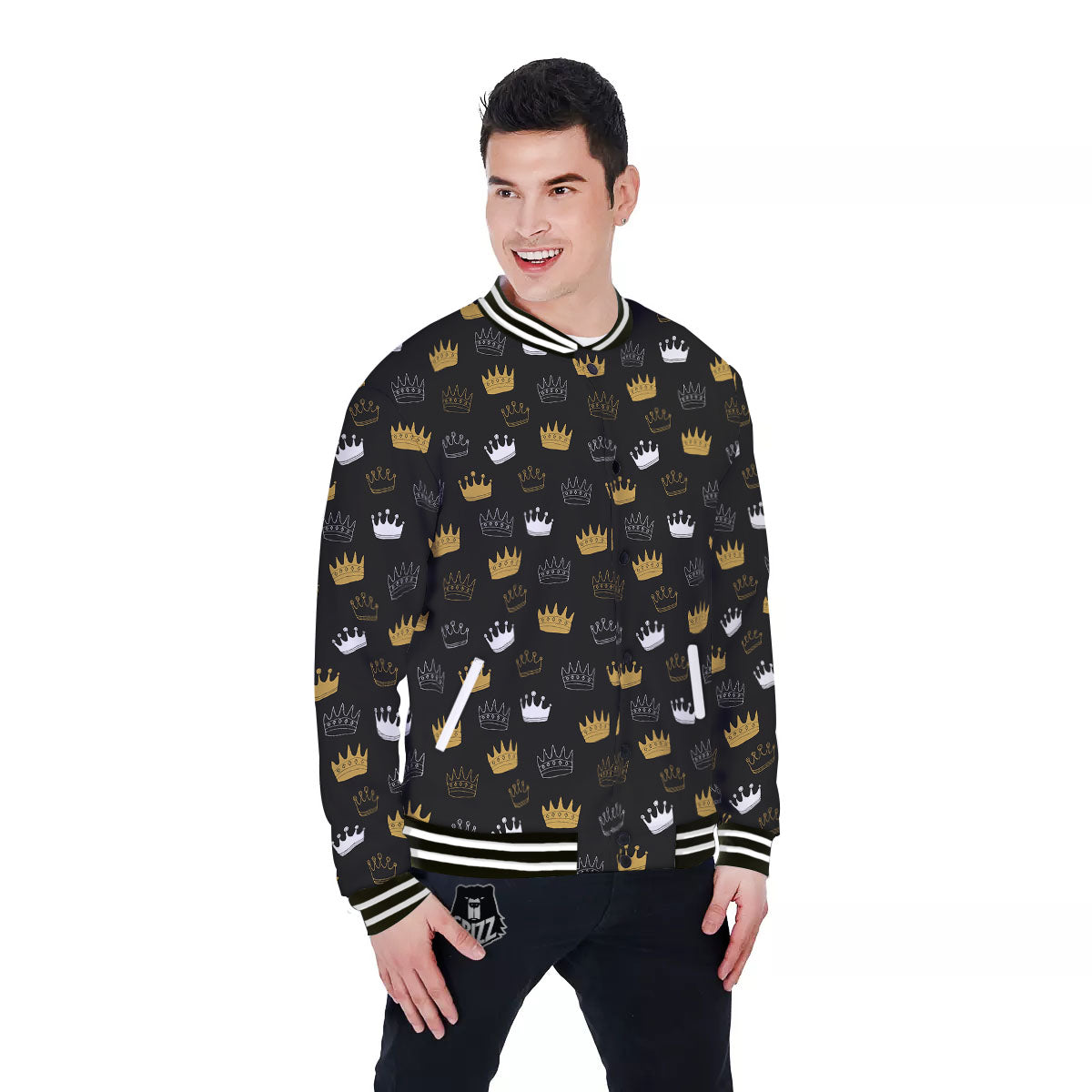Crown Doodle Print Pattern Baseball Jacket-grizzshop