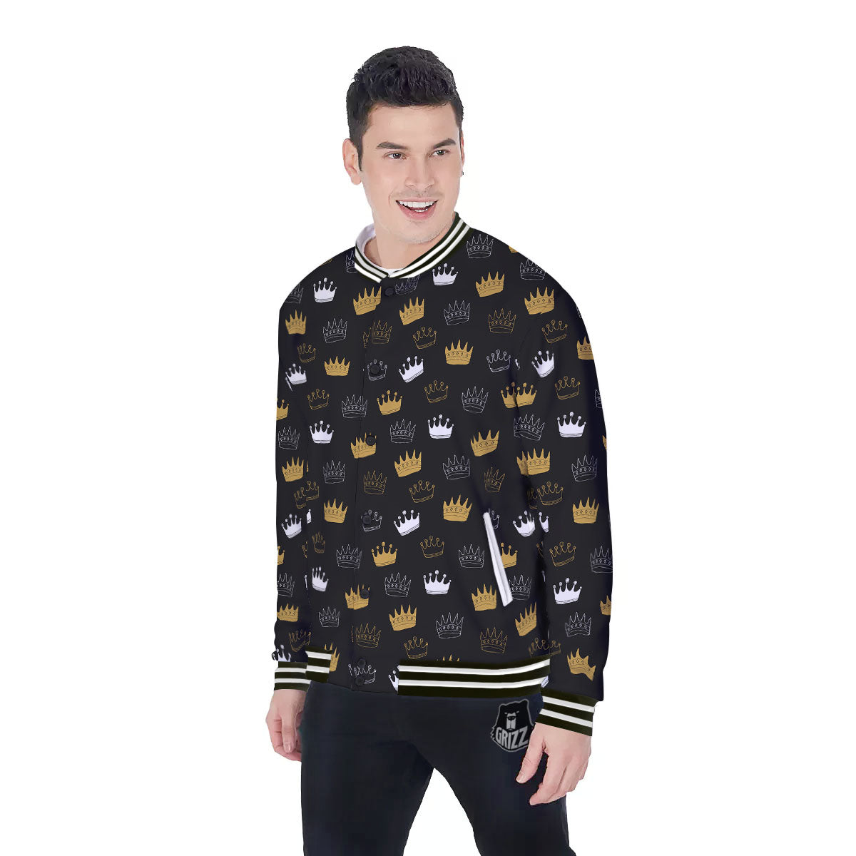 Crown Doodle Print Pattern Baseball Jacket-grizzshop