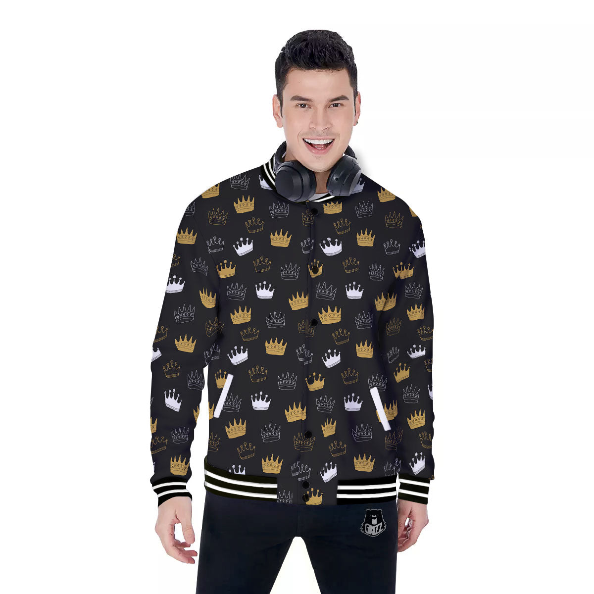 Crown Doodle Print Pattern Baseball Jacket-grizzshop