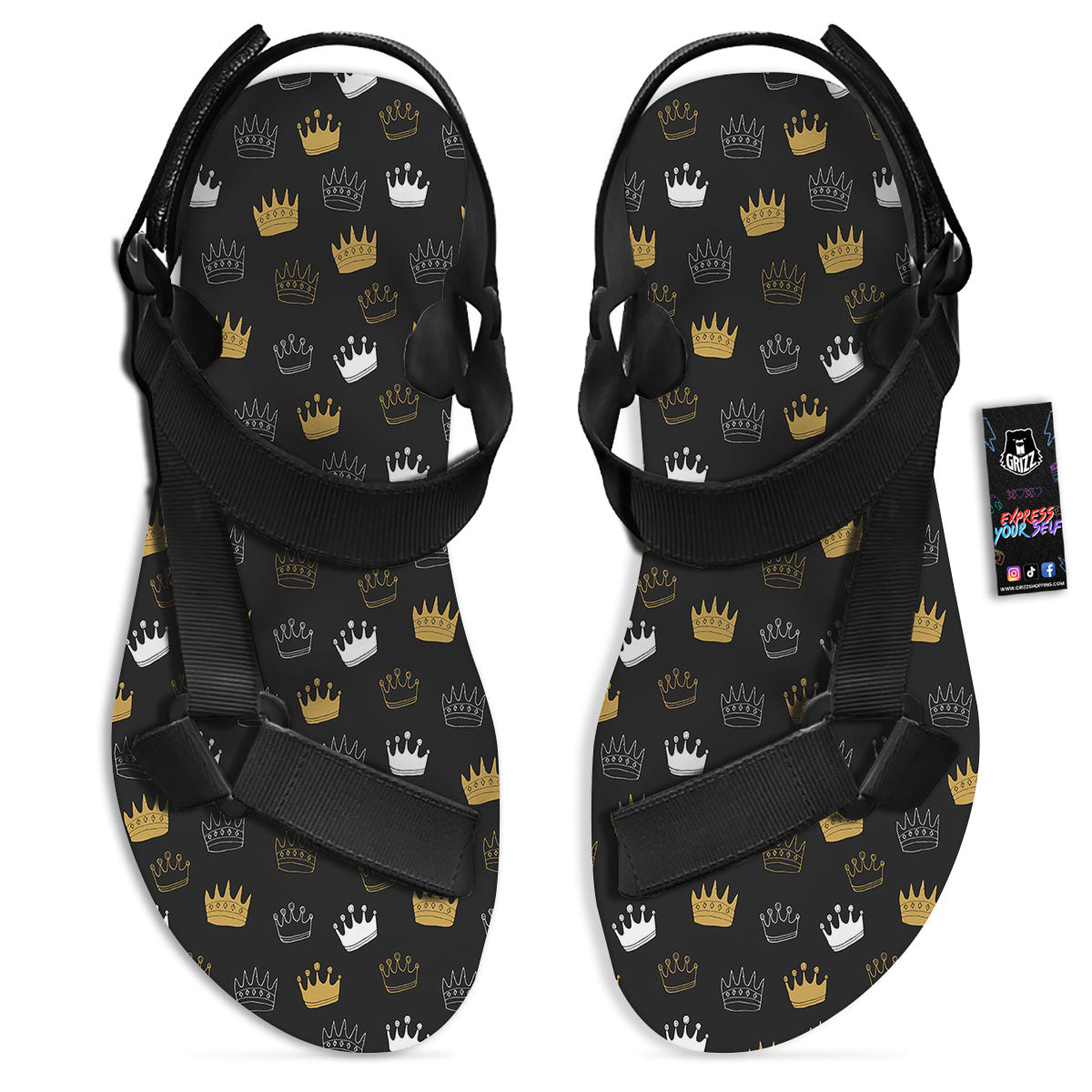 Crown Doodle Print Pattern Black Open Toe Sandals-grizzshop