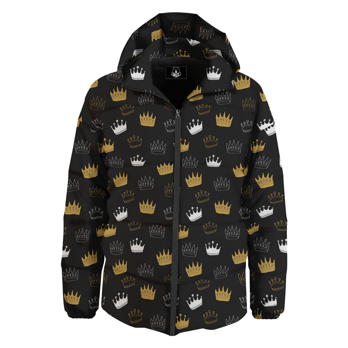 Crown Doodle Print Pattern Down Jacket-grizzshop