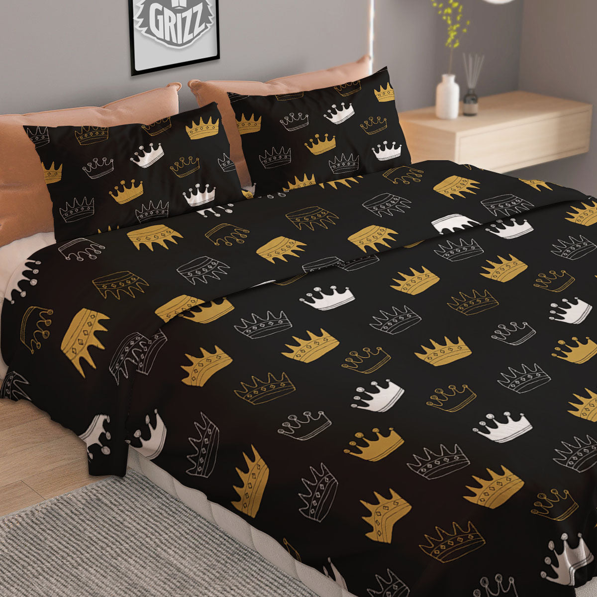 Crown Doodle Print Pattern Duvet Cover Bedding Set-grizzshop