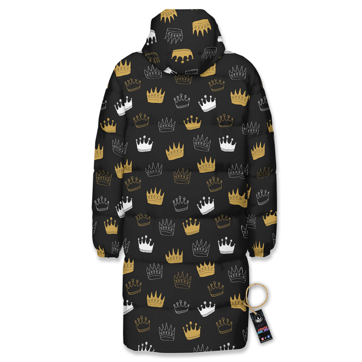 Crown Doodle Print Pattern Long Down Jacket-grizzshop