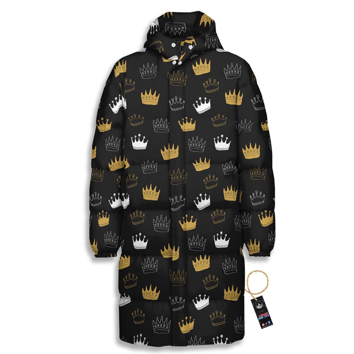 Crown Doodle Print Pattern Long Down Jacket-grizzshop