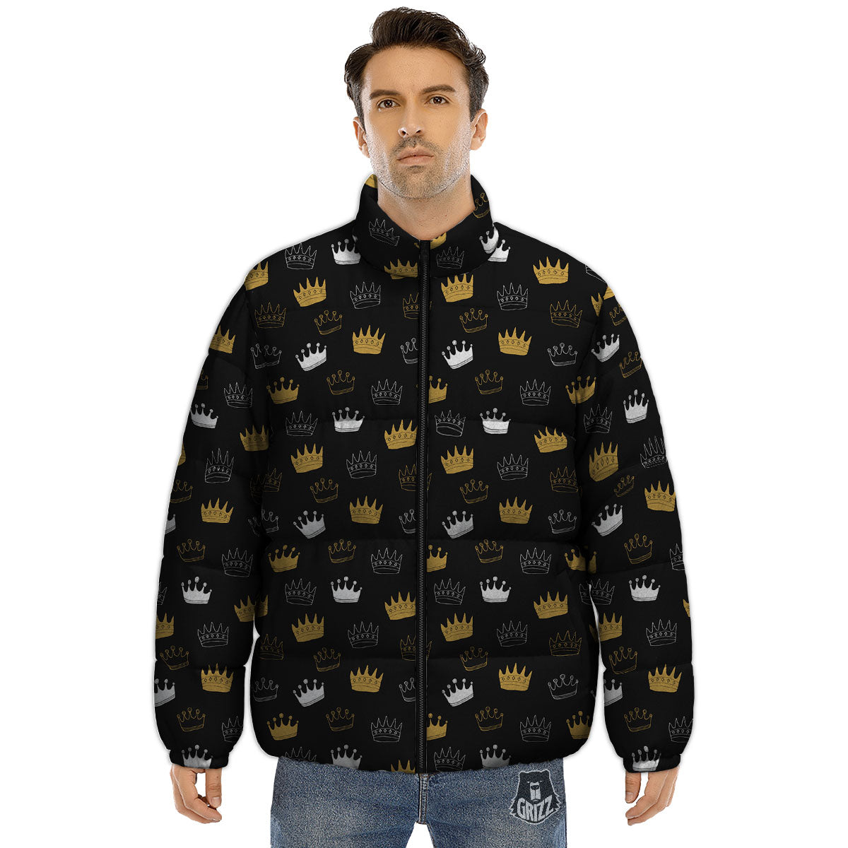 Crown Doodle Print Pattern Puffer Jacket-grizzshop
