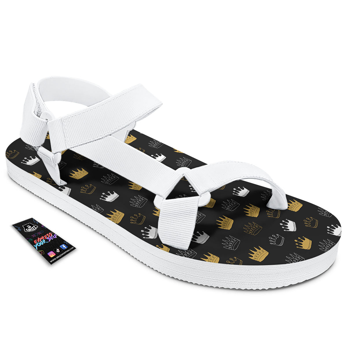 Crown Doodle Print Pattern White Open Toe Sandals-grizzshop