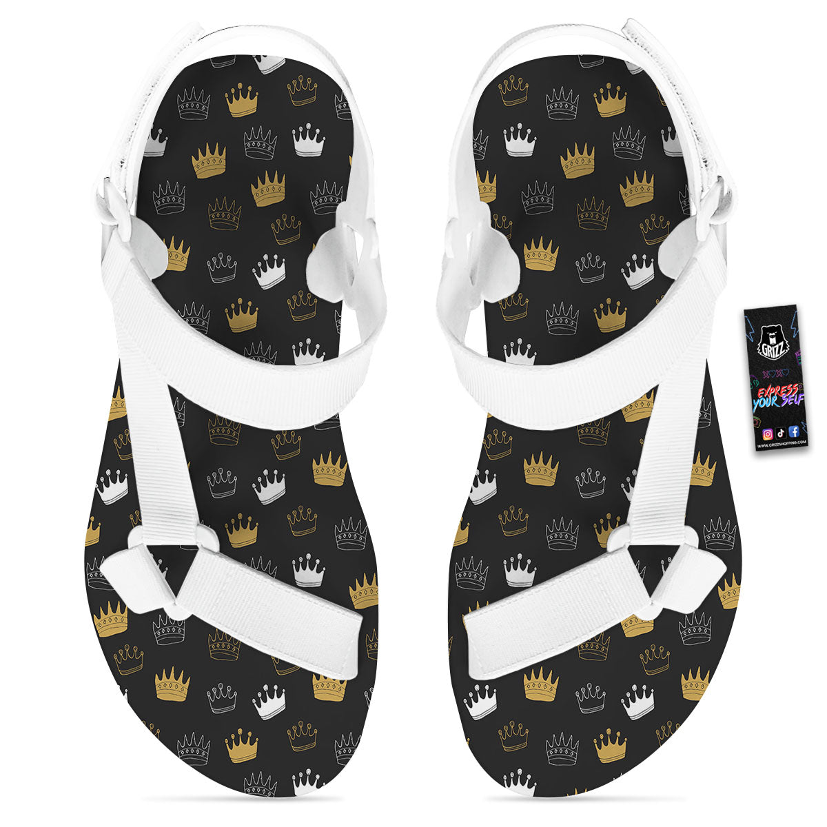 Crown Doodle Print Pattern White Open Toe Sandals-grizzshop