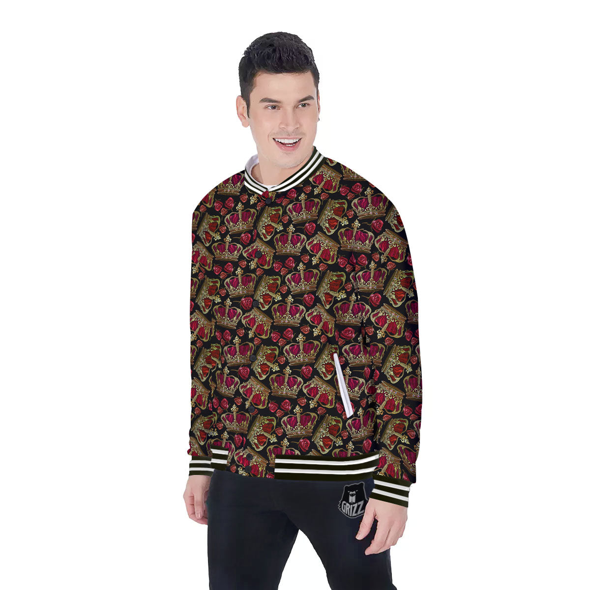 Crown Embroidery Print Pattern Baseball Jacket-grizzshop