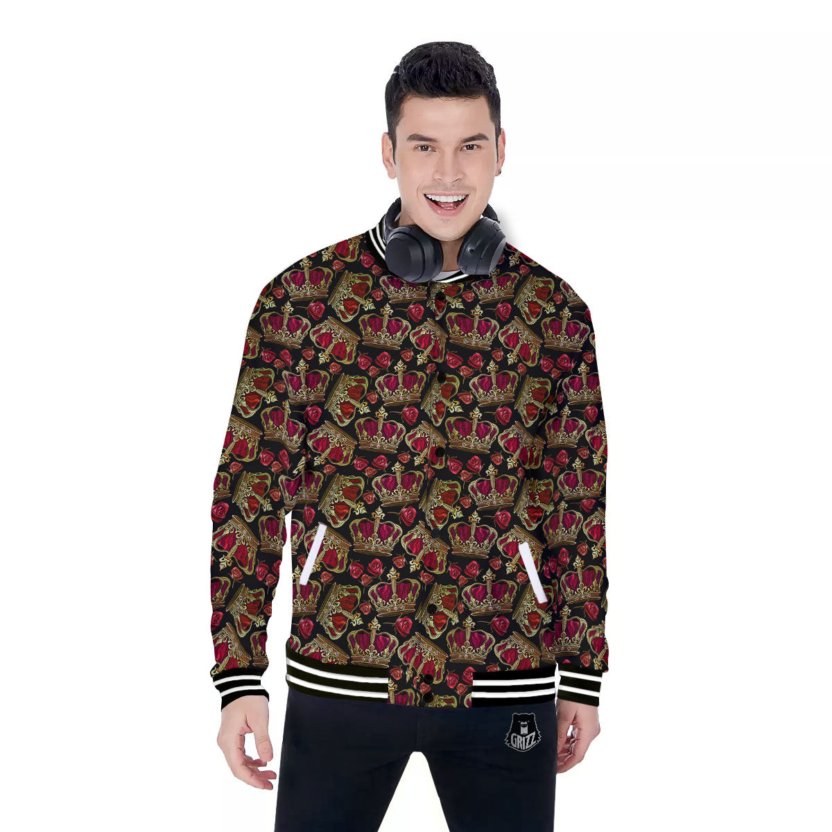 Crown Embroidery Print Pattern Baseball Jacket-grizzshop