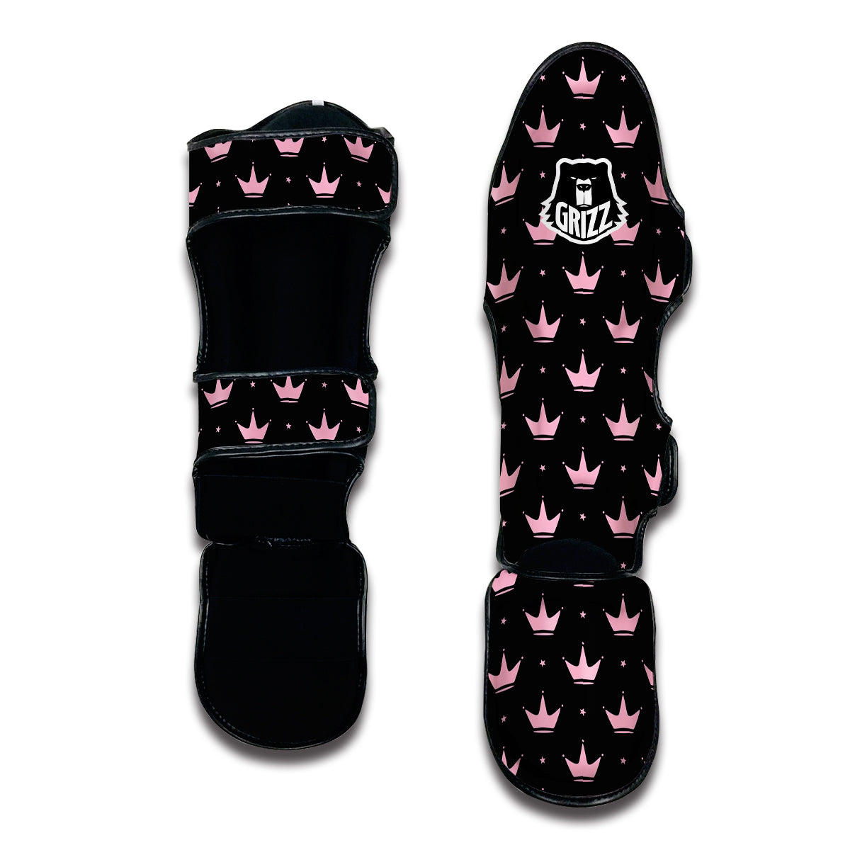 Crown Pink Black Print Pattern Muay Thai Shin Guards-grizzshop