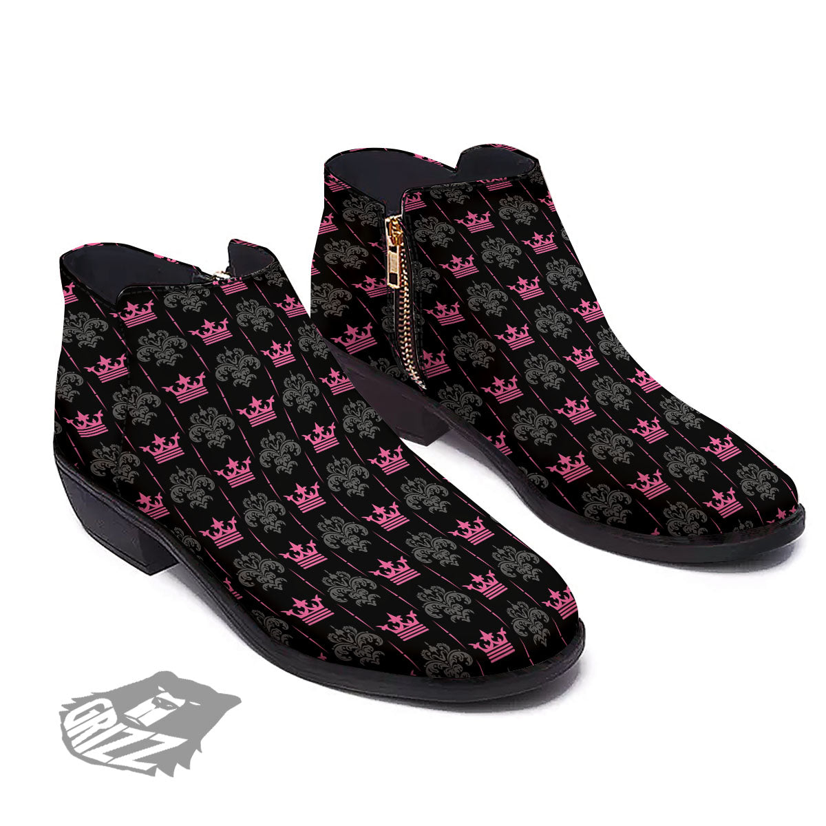 Crown Pink Print Pattern Ankle Boots-grizzshop