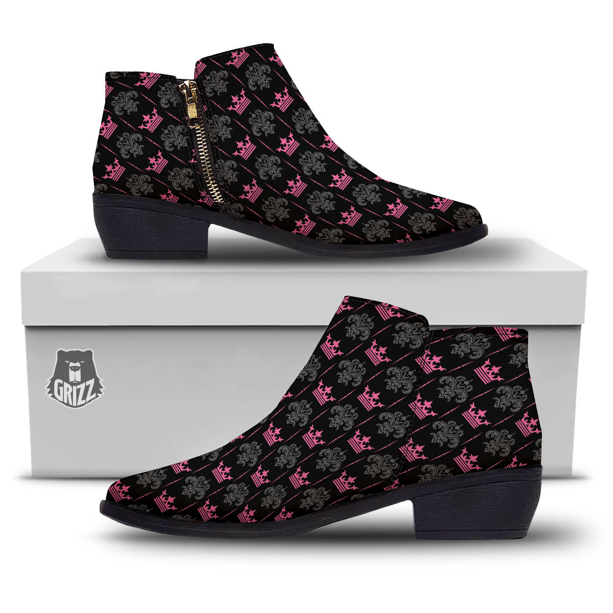 Crown Pink Print Pattern Ankle Boots-grizzshop