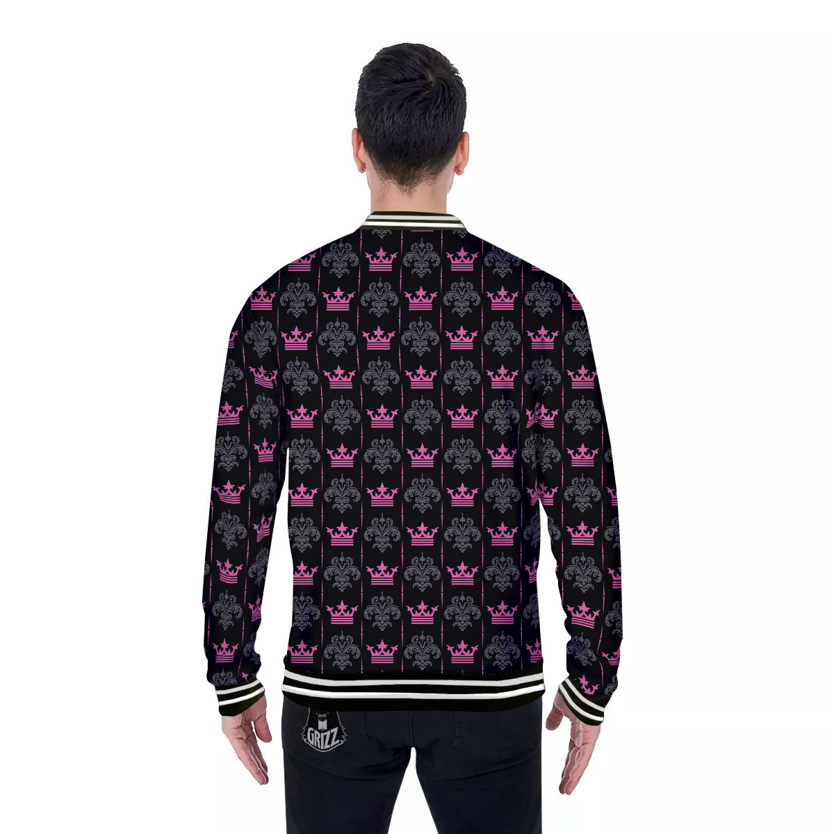 Crown Pink Print Pattern Baseball Jacket-grizzshop