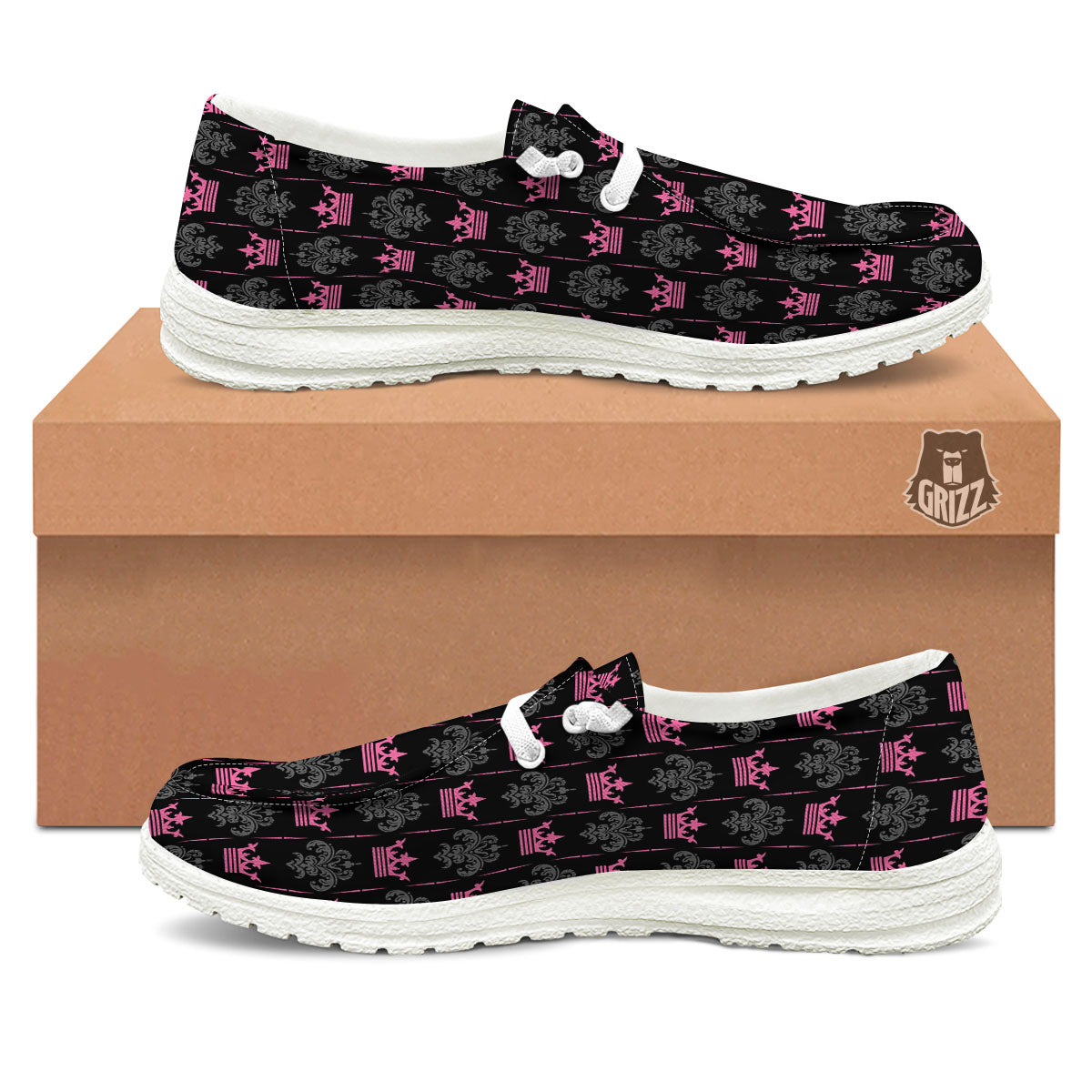 Crown Pink Print Pattern Black Loafers-grizzshop