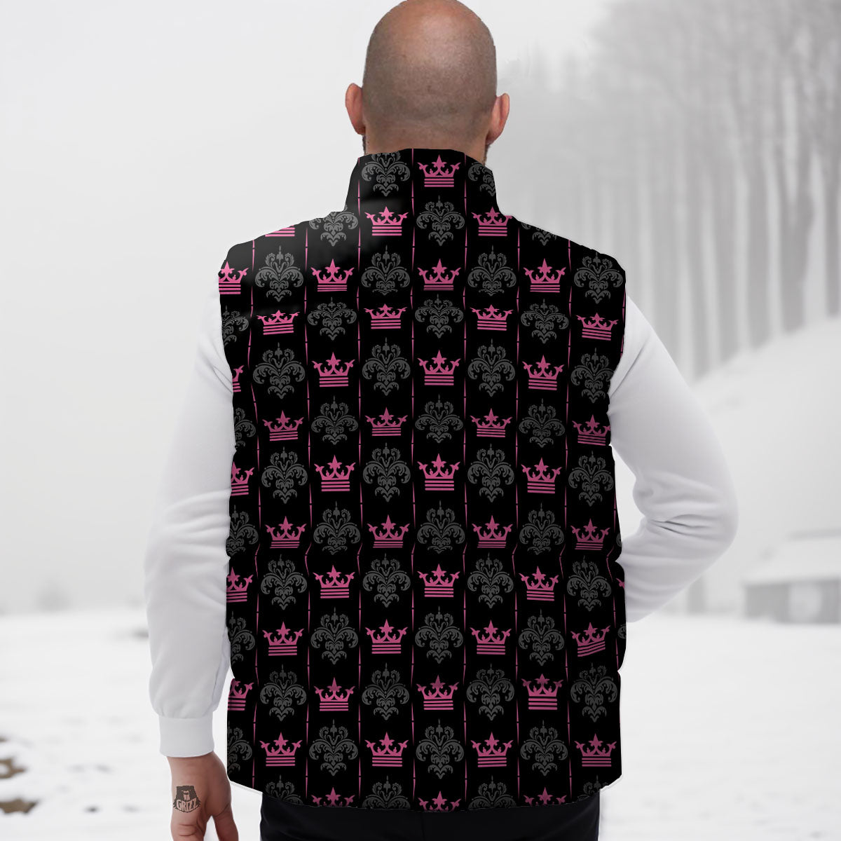 Crown Pink Print Pattern Down Vest-grizzshop