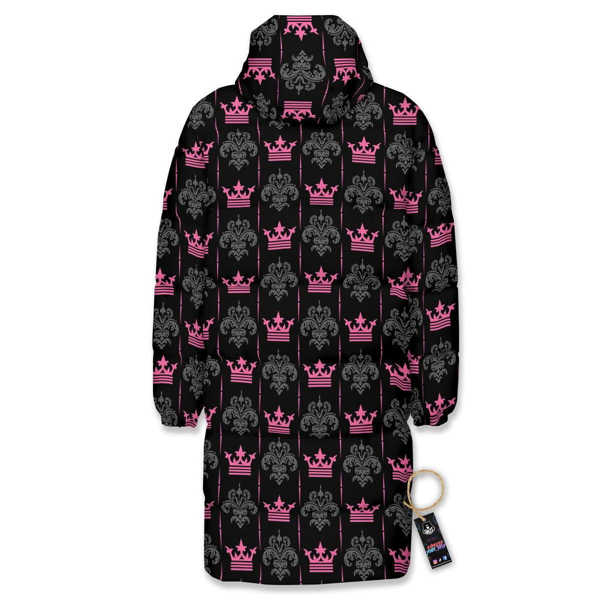 Crown Pink Print Pattern Long Down Jacket-grizzshop