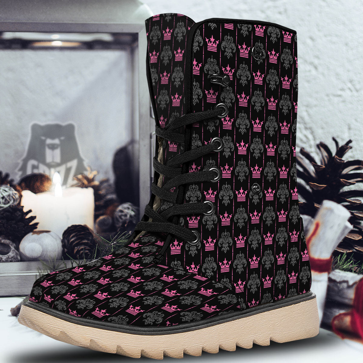 Crown Pink Print Pattern Snow Boots-grizzshop