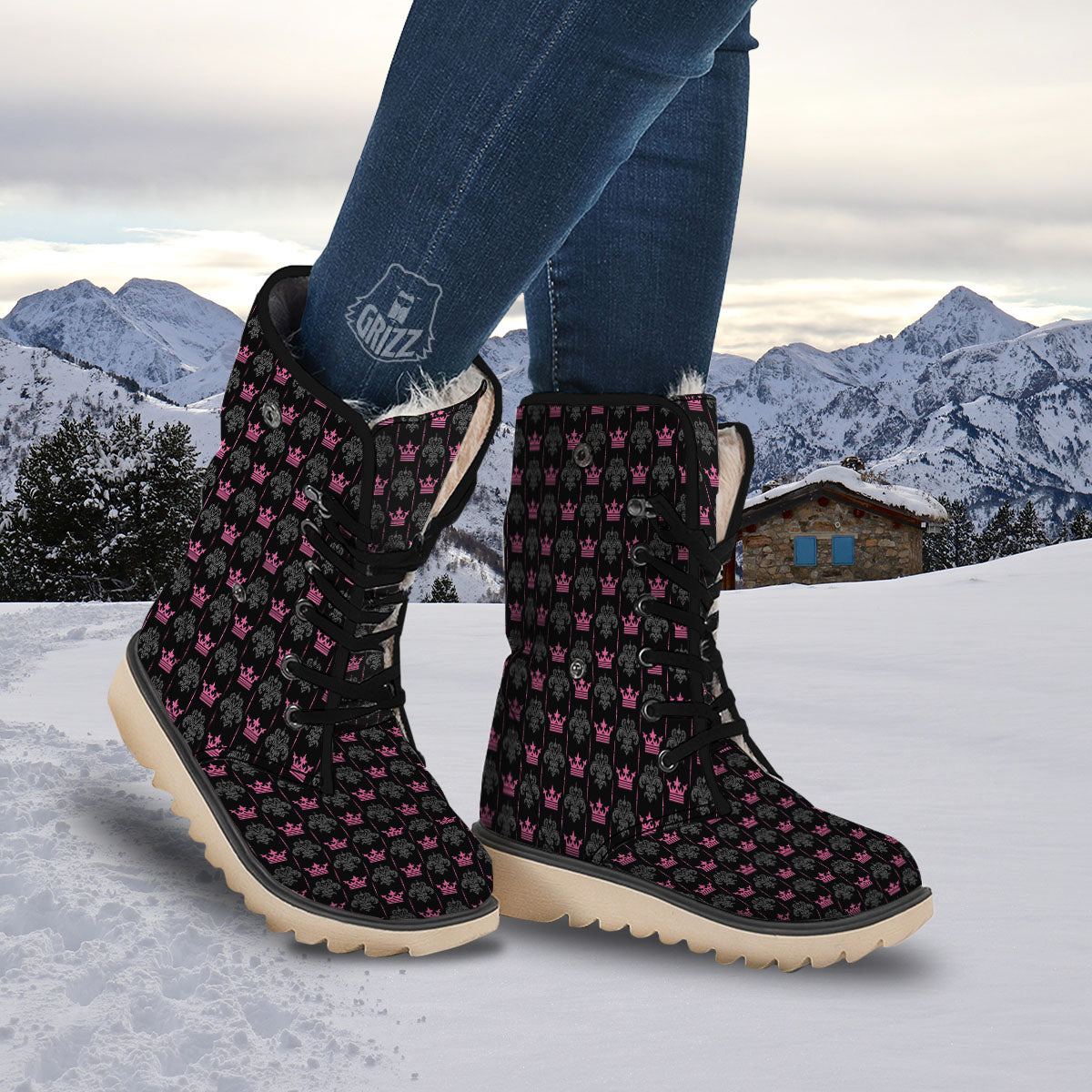 Crown Pink Print Pattern Snow Boots-grizzshop