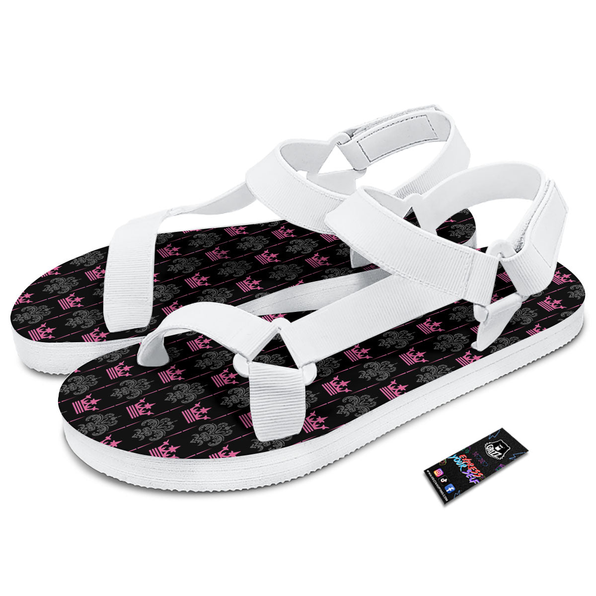 Crown Pink Print Pattern White Open Toe Sandals-grizzshop