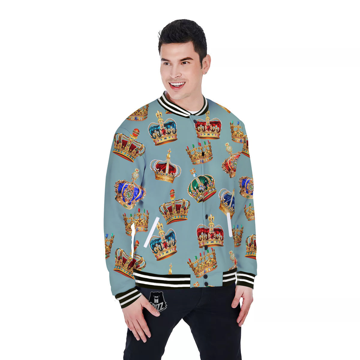 Crown Vintage Print Pattern Baseball Jacket-grizzshop